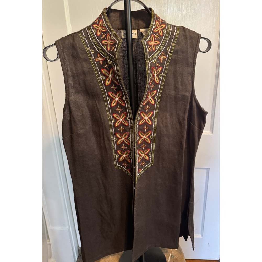 Chicos Top Blouse Size 1 Sleeveless Brown Embroidered Floral Linen Womens Boho